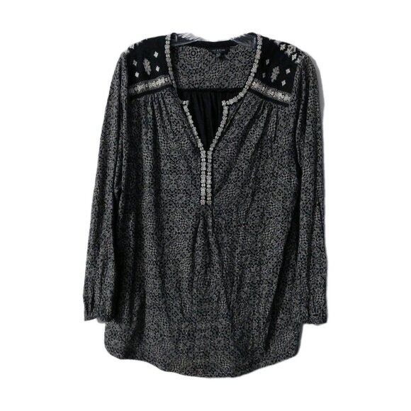 Lucky Brand Womens Shirt Size 1X Embroidered Tunic Black White V Neck Boho - Picture 1 of 8